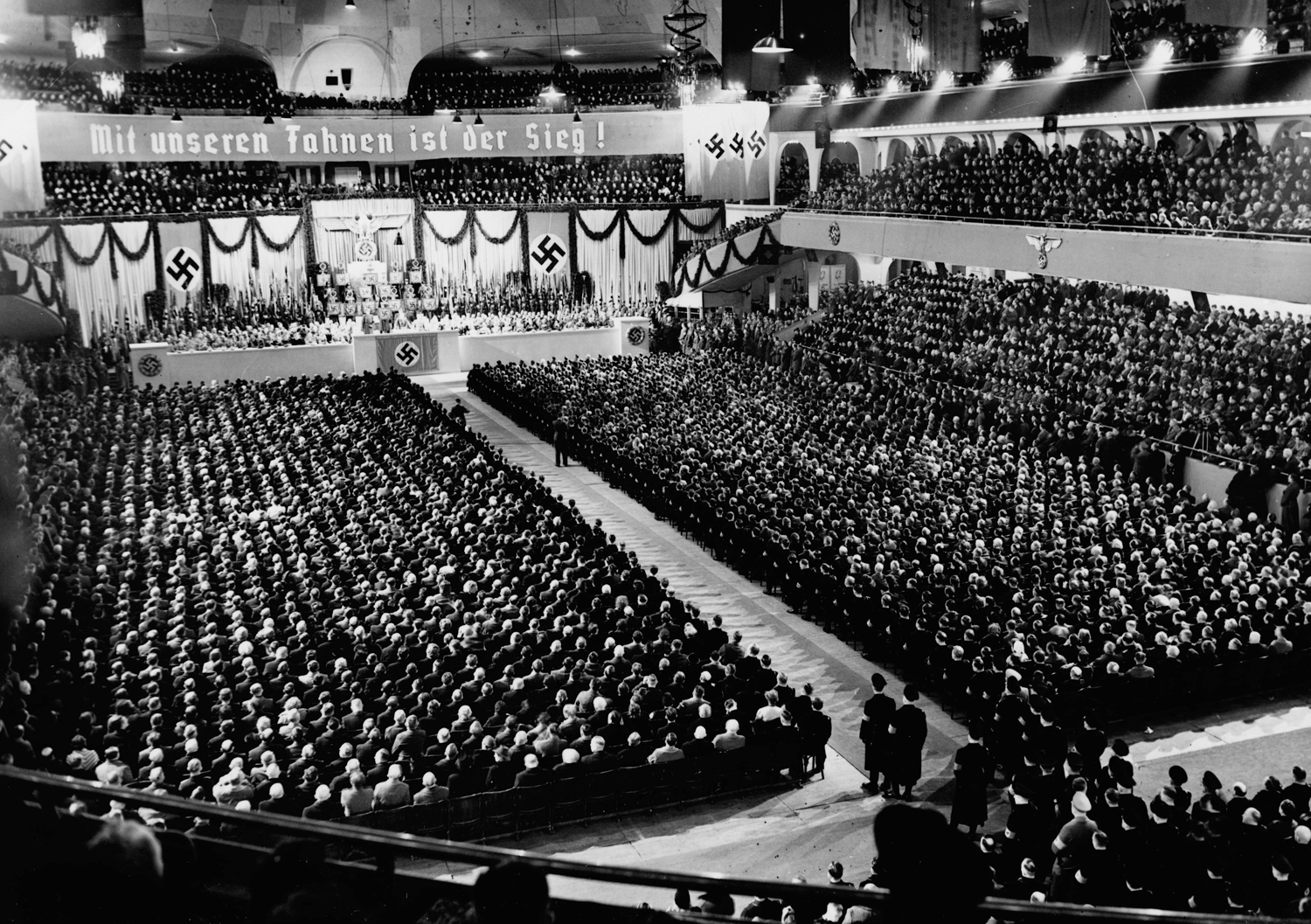 Adolf Hitler makes a speech at Berlin's Sportpalast on the occasion of the Machtergreifung (anniversary of the NSDAP takeover)